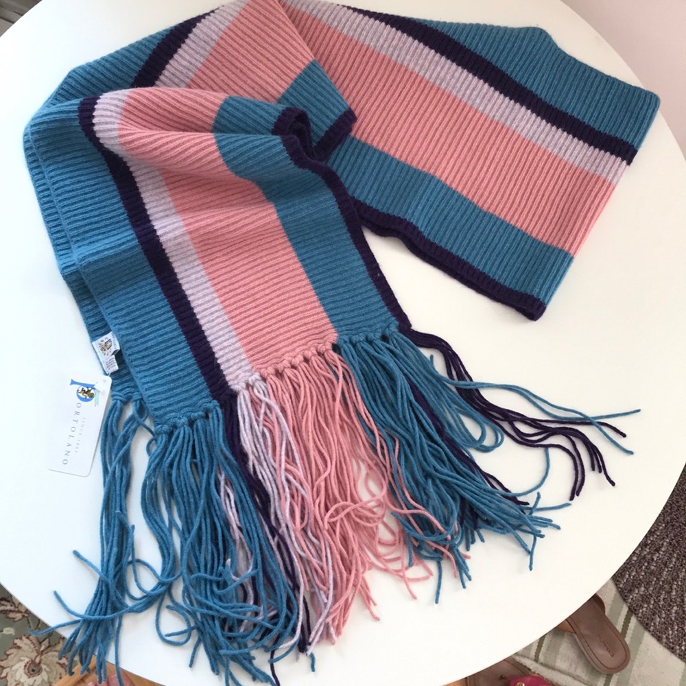 Portolano wool blend scarf in blue/blush/purple.